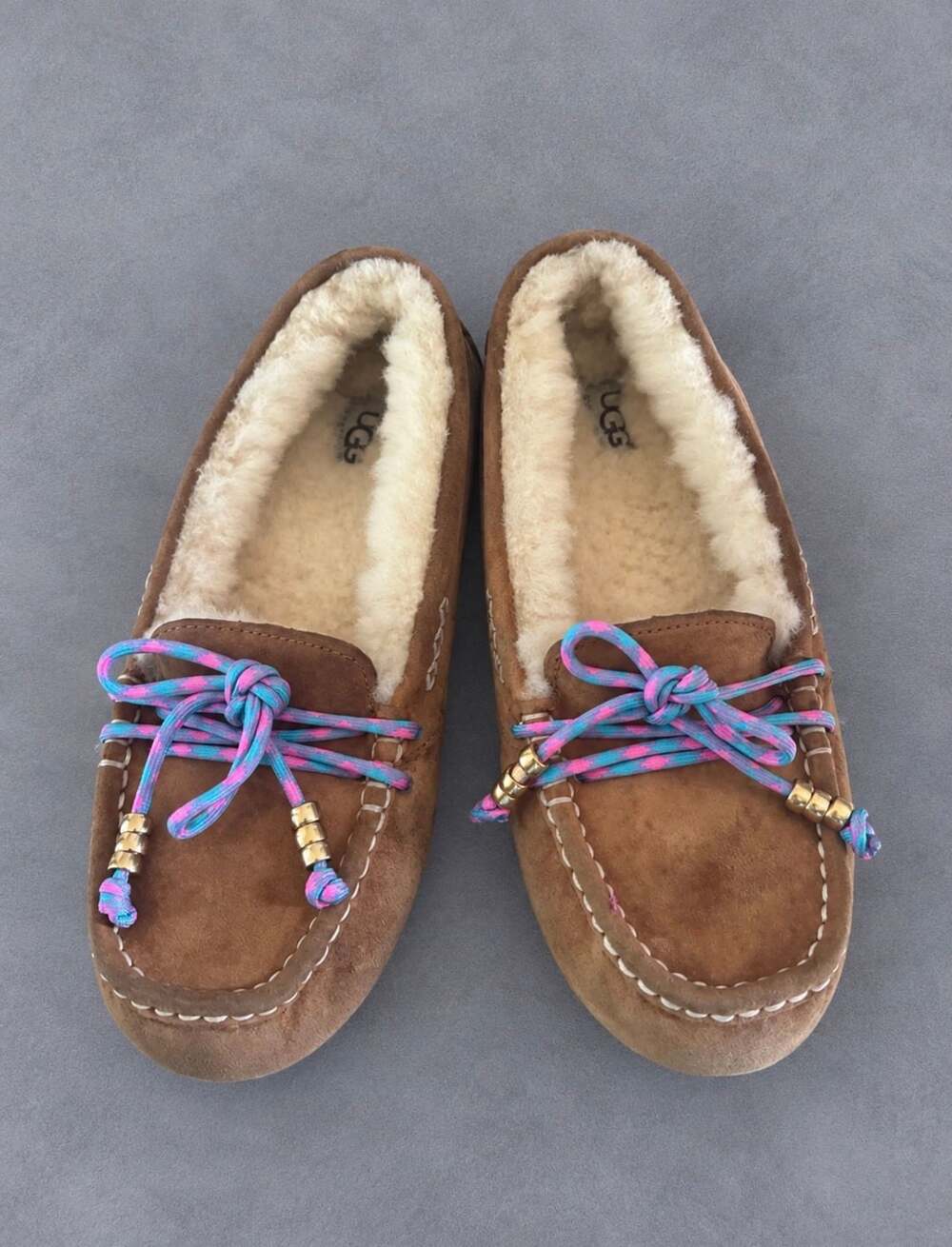 UGG Dakota Grunge Chestnut Slippers Custom Paracord Laces and Brass Gold Beads